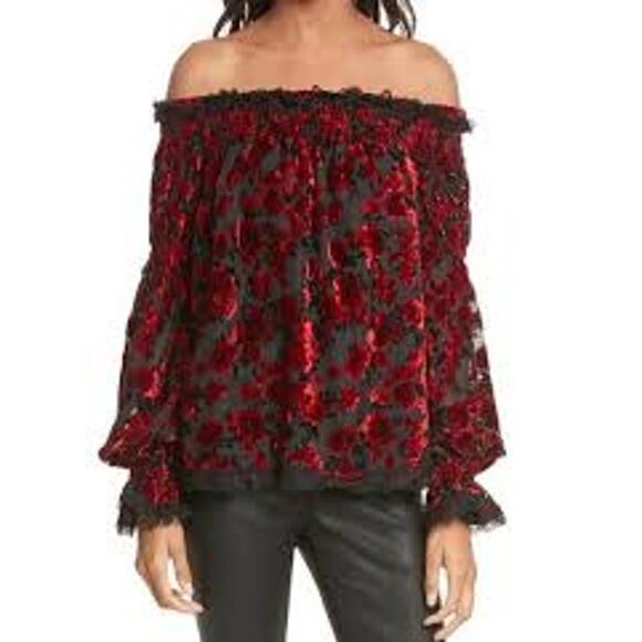 The Kooples Moonlight Floral Devoré Off the Shoulder Top Womens Size 3 Red Black - Picture 1 of 8